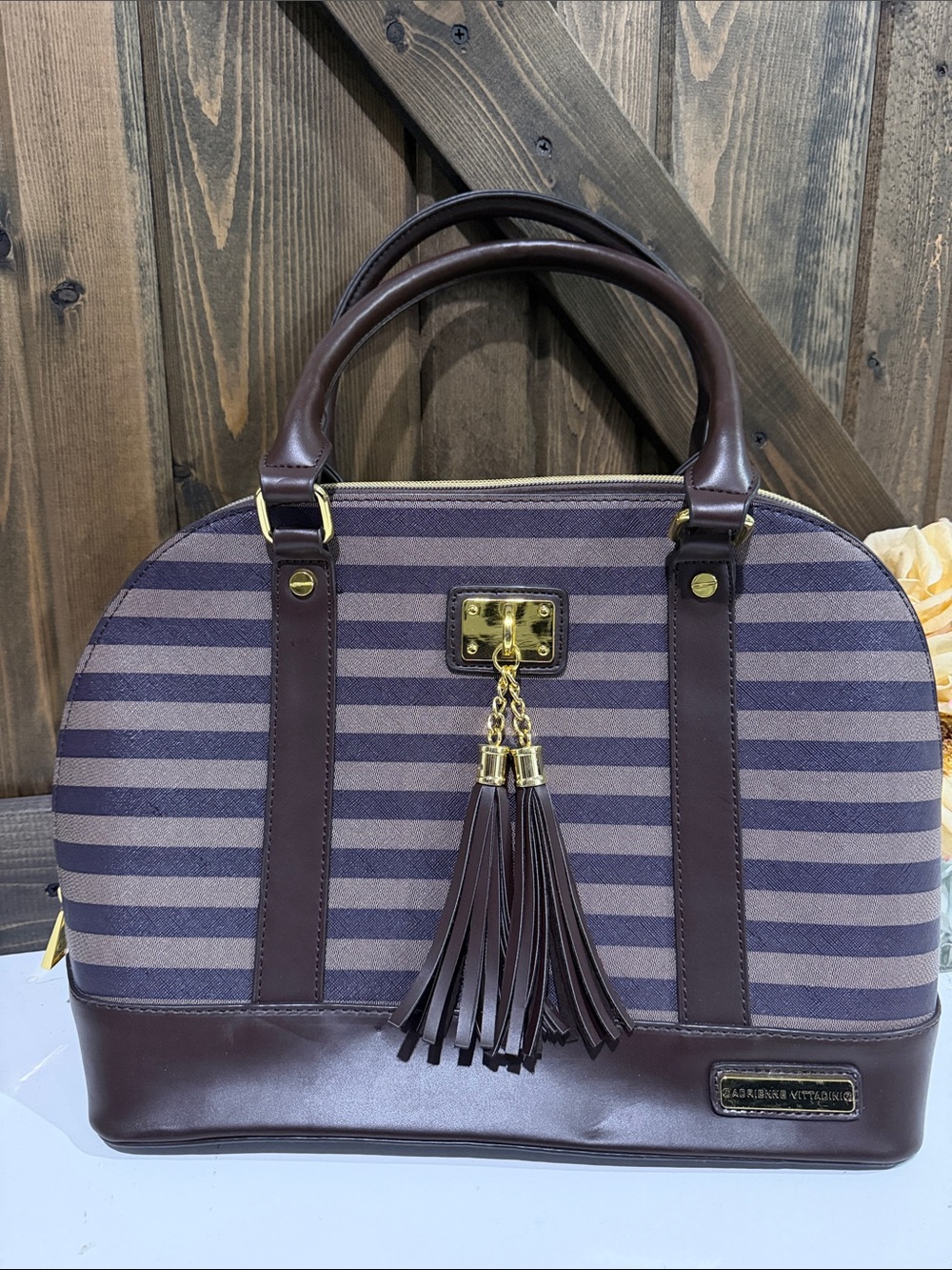 Adrienne Vittadini Brown Striped Tassel Satchel